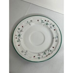 Vintage Genuine Stoneware Summer Fruit Saucer Dish Strawberry Vine Green Rim